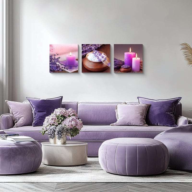 NAN Wind Zen Canvas Wall Art Spa Still Life With Purple Aromatherapy Candles And Zen Stone Aroma Lavender Flower Painting Pictures Print on Canvas Ready to Hang for Bathroom Decoration - Image 3